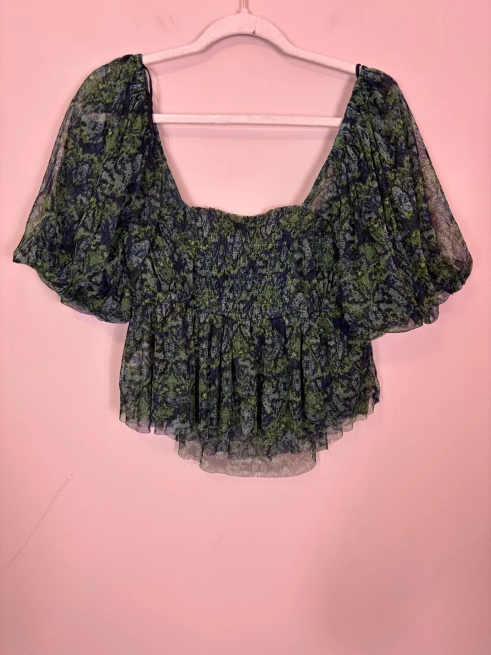 Free People Navy and Green Floral Square Neckline Short Sleeve Blouse Top XL